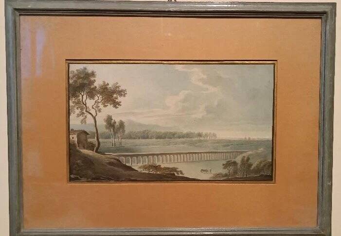 Old watercolour on paper from the early 19th century – landscape with aqueduct
