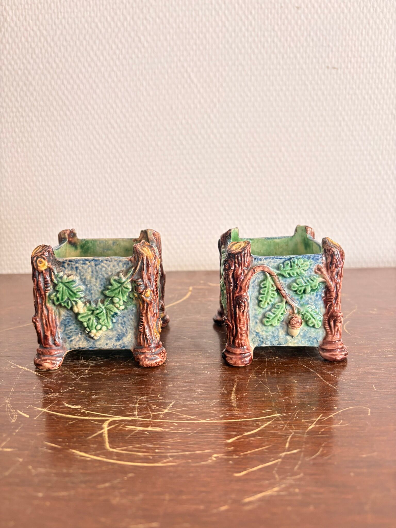 Antique Cache Pot Planter Barbotine Earthenware Enamelled Majolica