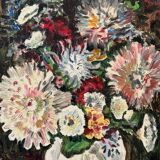 Huile sur carton par J.P. Ducas Ducos nature morte aux fleurs XXe