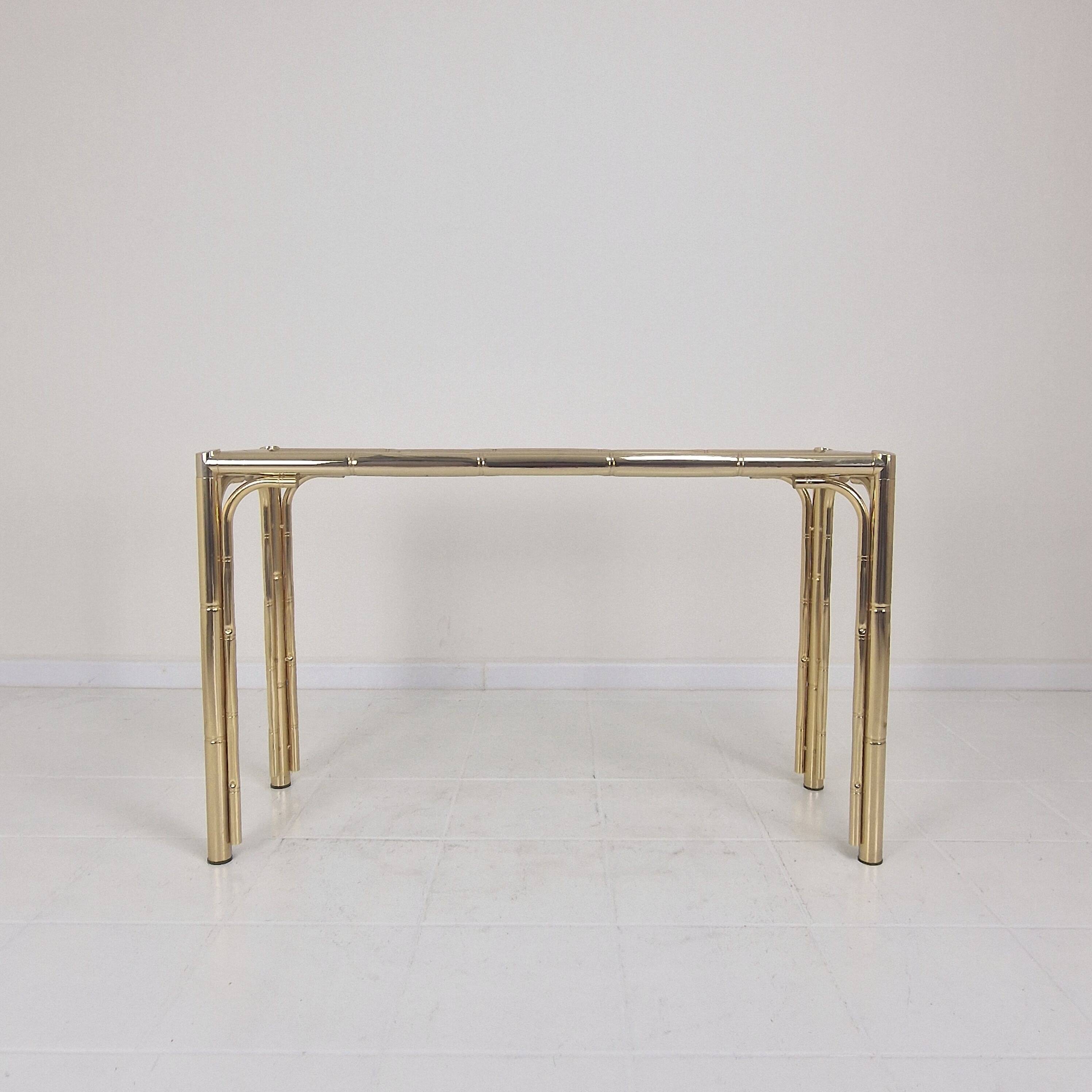 Italian Rectangle Side Table in Brass Bamboo and Smoked Glass, 1970s