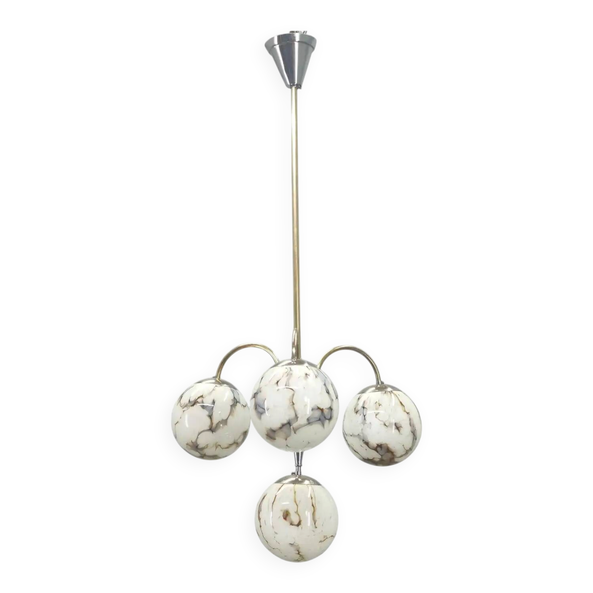 Art Deco Chandelier, Marble Glass, Brass & Chrome, 1930s