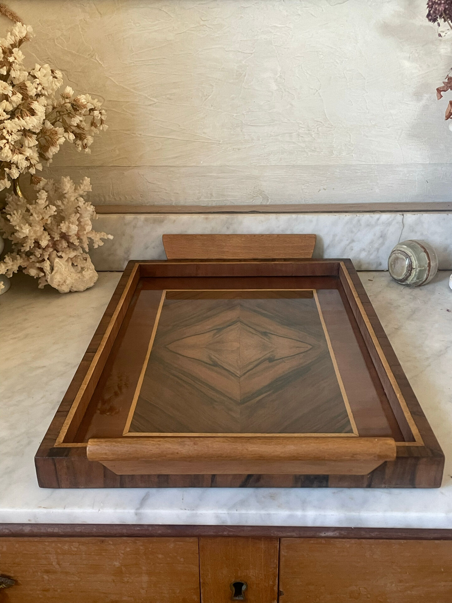 Art Deco service tray in precious wood under glass