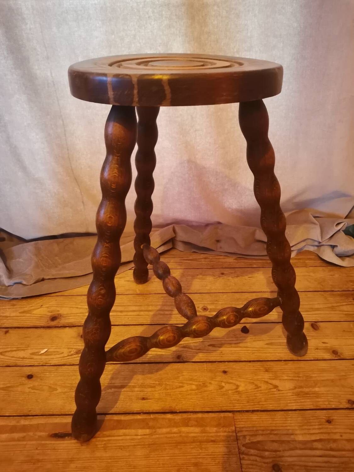 Turned wood tripod stool