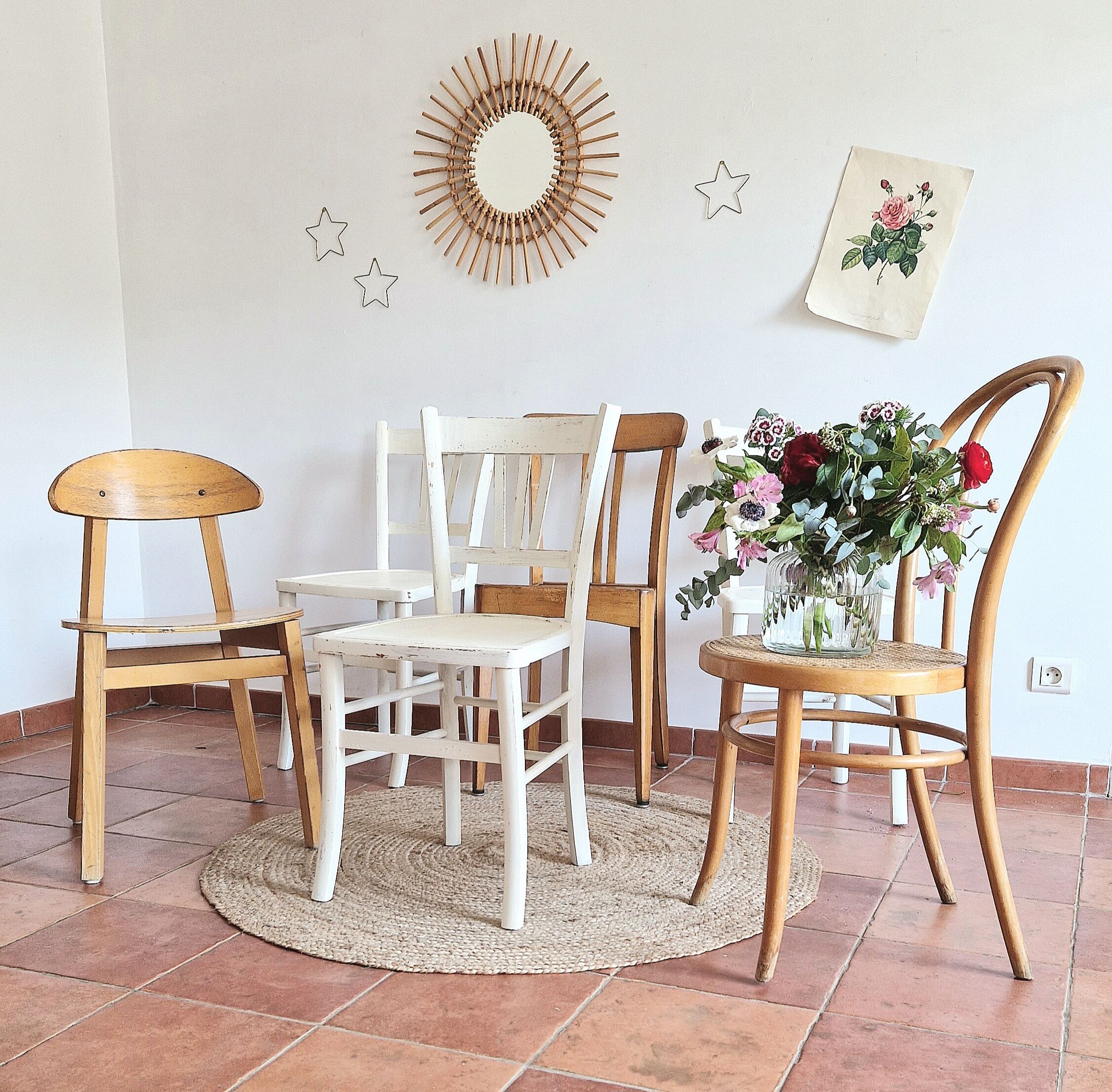 Set of 6 mismatched and patinated chairs