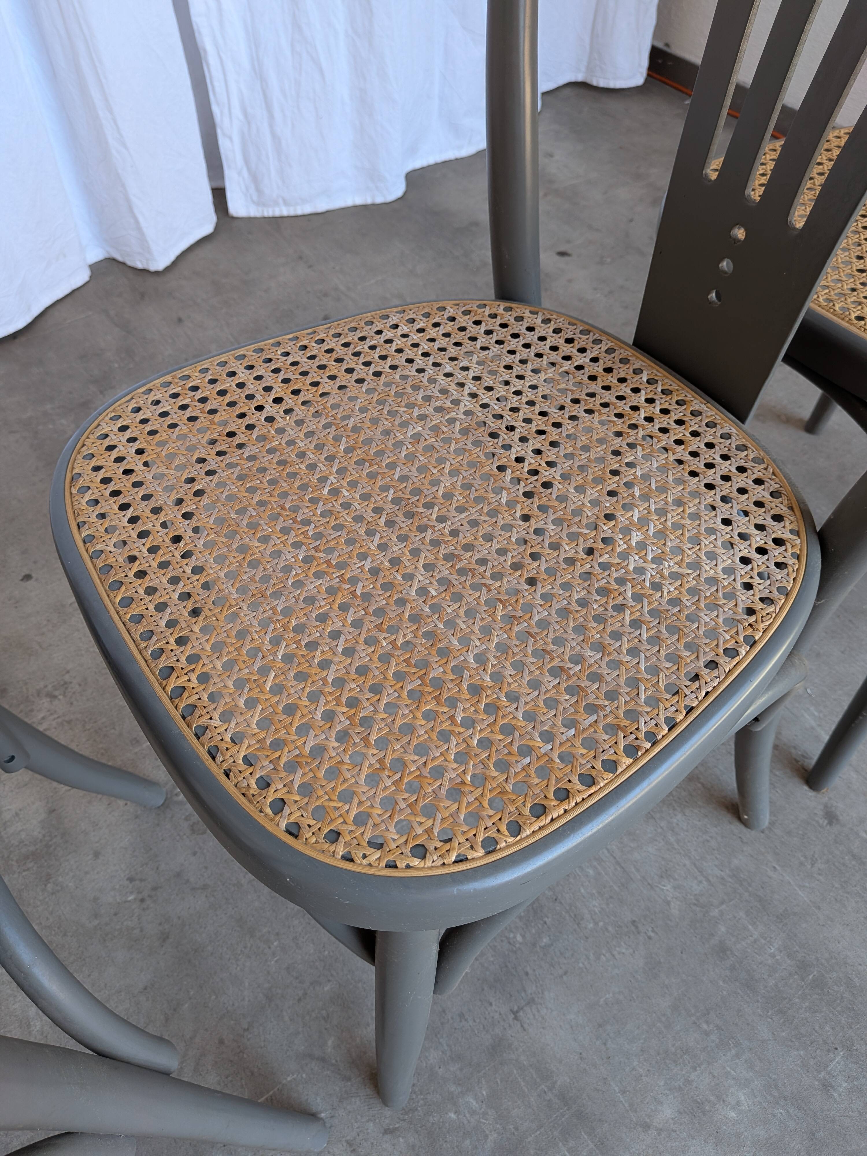 Set of 4 Vintage Gray Thonet Style Dining Chairs with Cane Seat
