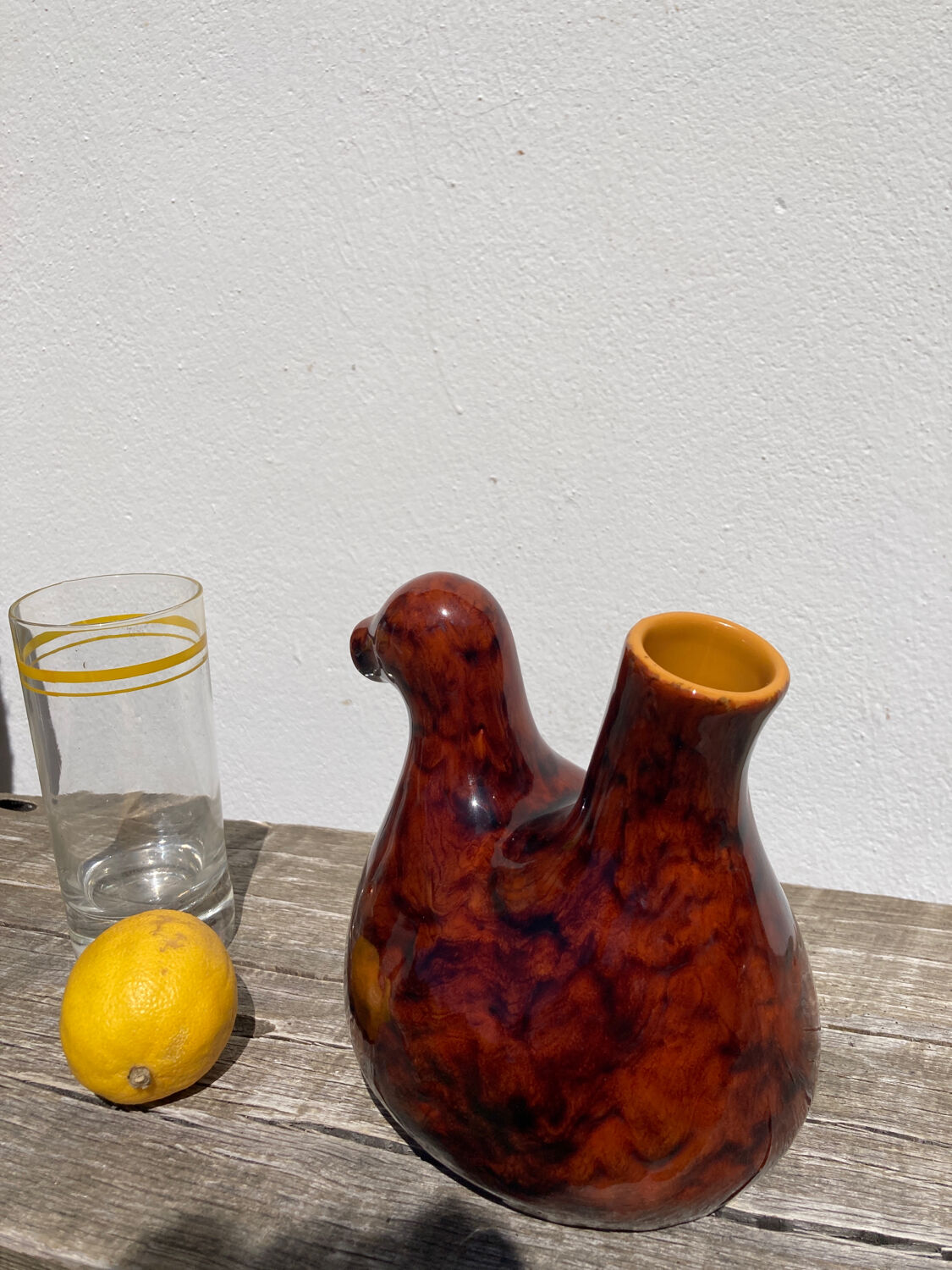 Zoomorphic pitcher bird / hen 1970 glazed ceramic brown and yellow