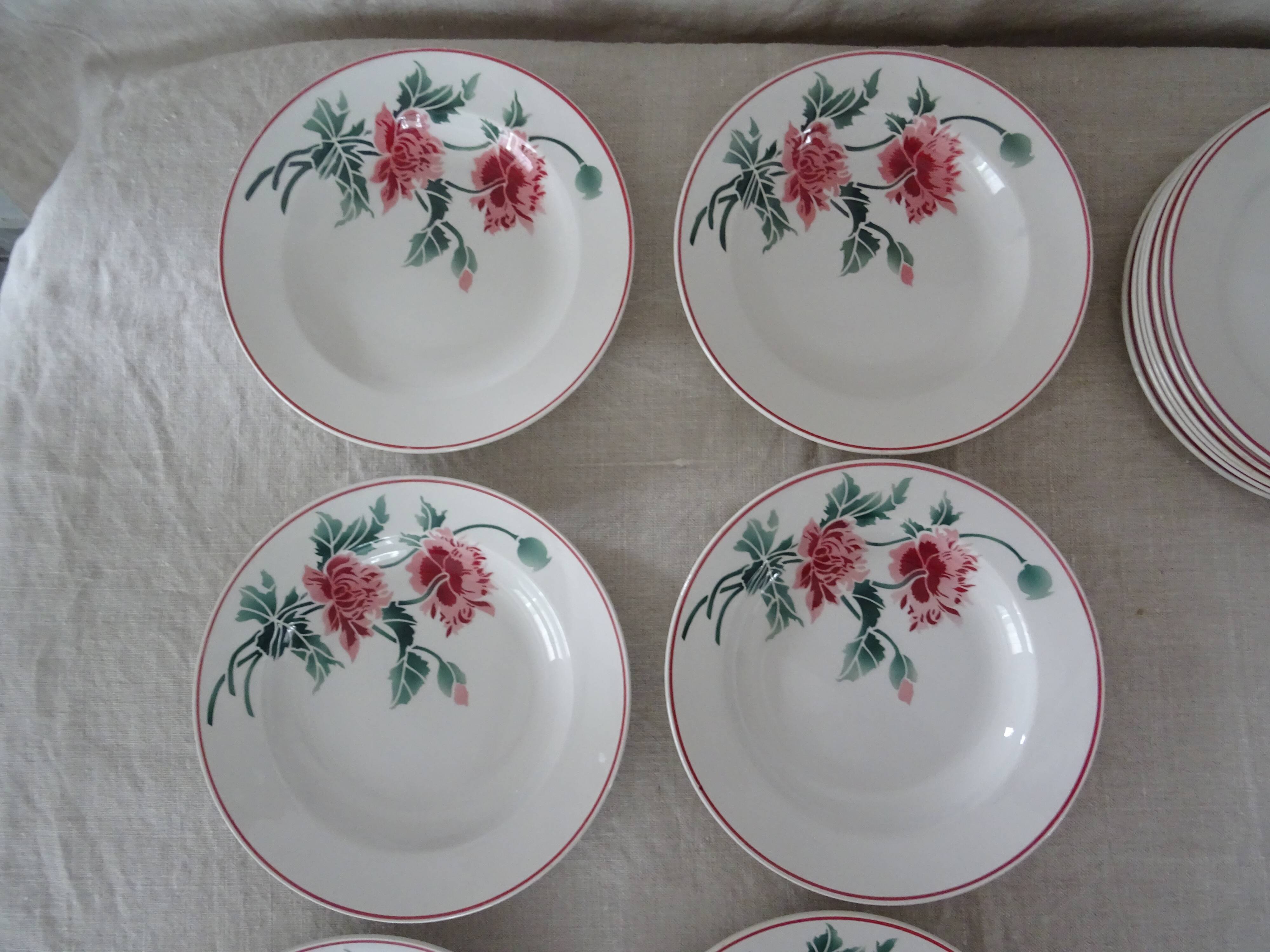 12 plates old flat and hollow HBCM Creil Montereau Luxeuil carnations