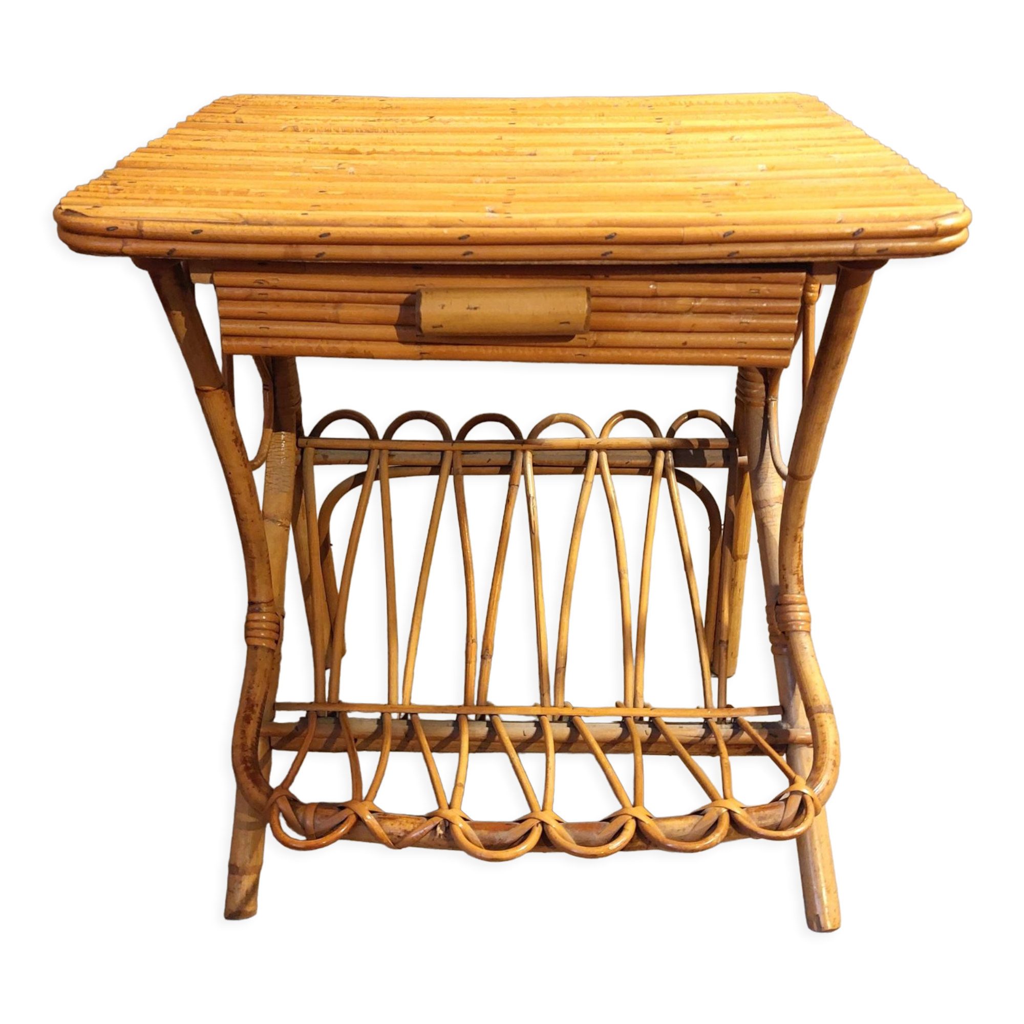 Bedside table magazine rack rattan and bamboo vintage 1960/1970.