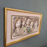 Mid-century modern swedish "the children" figurative framed oil painting