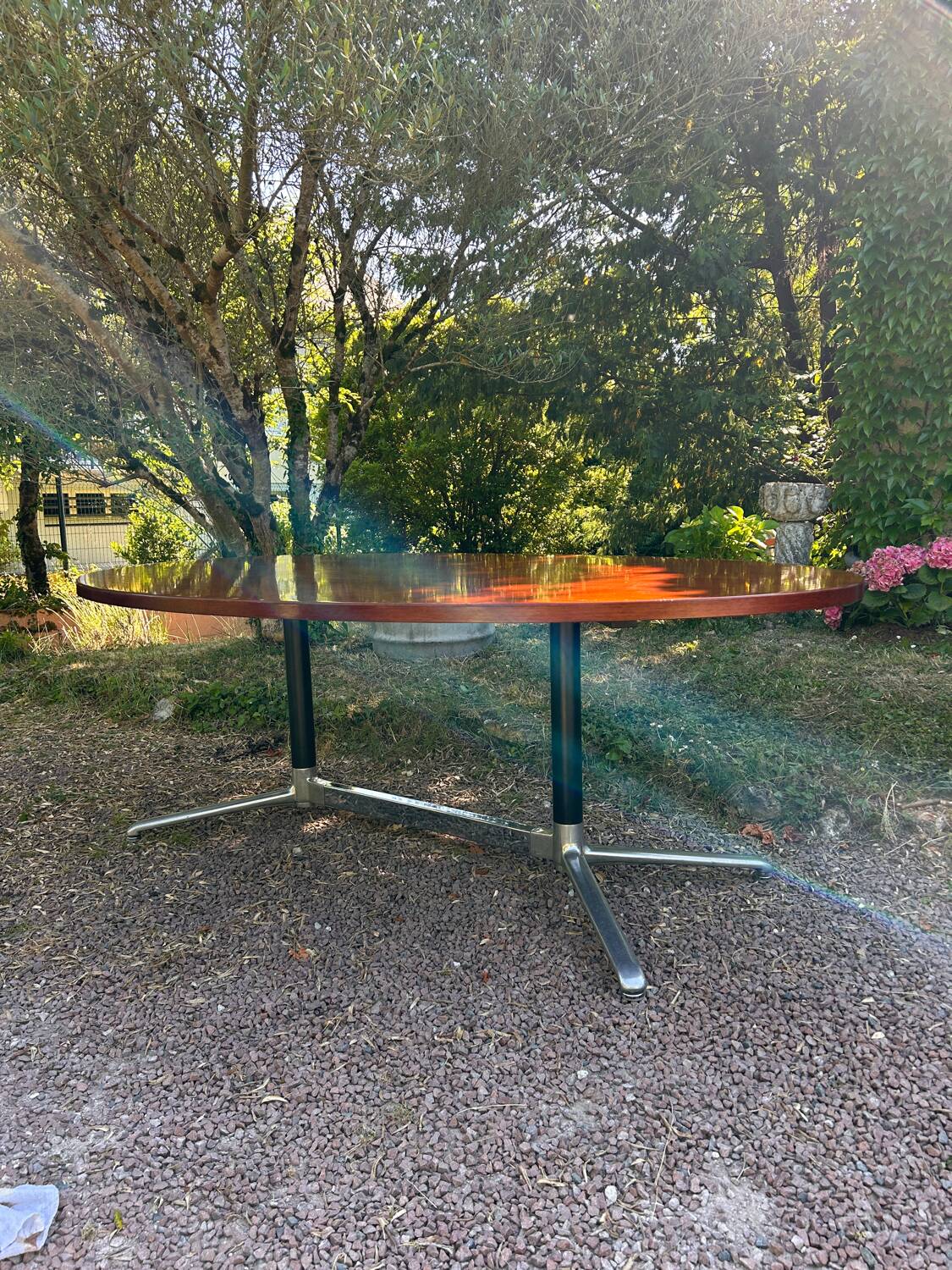 Vintage oval wooden and metal dining table from the 60s and 70s