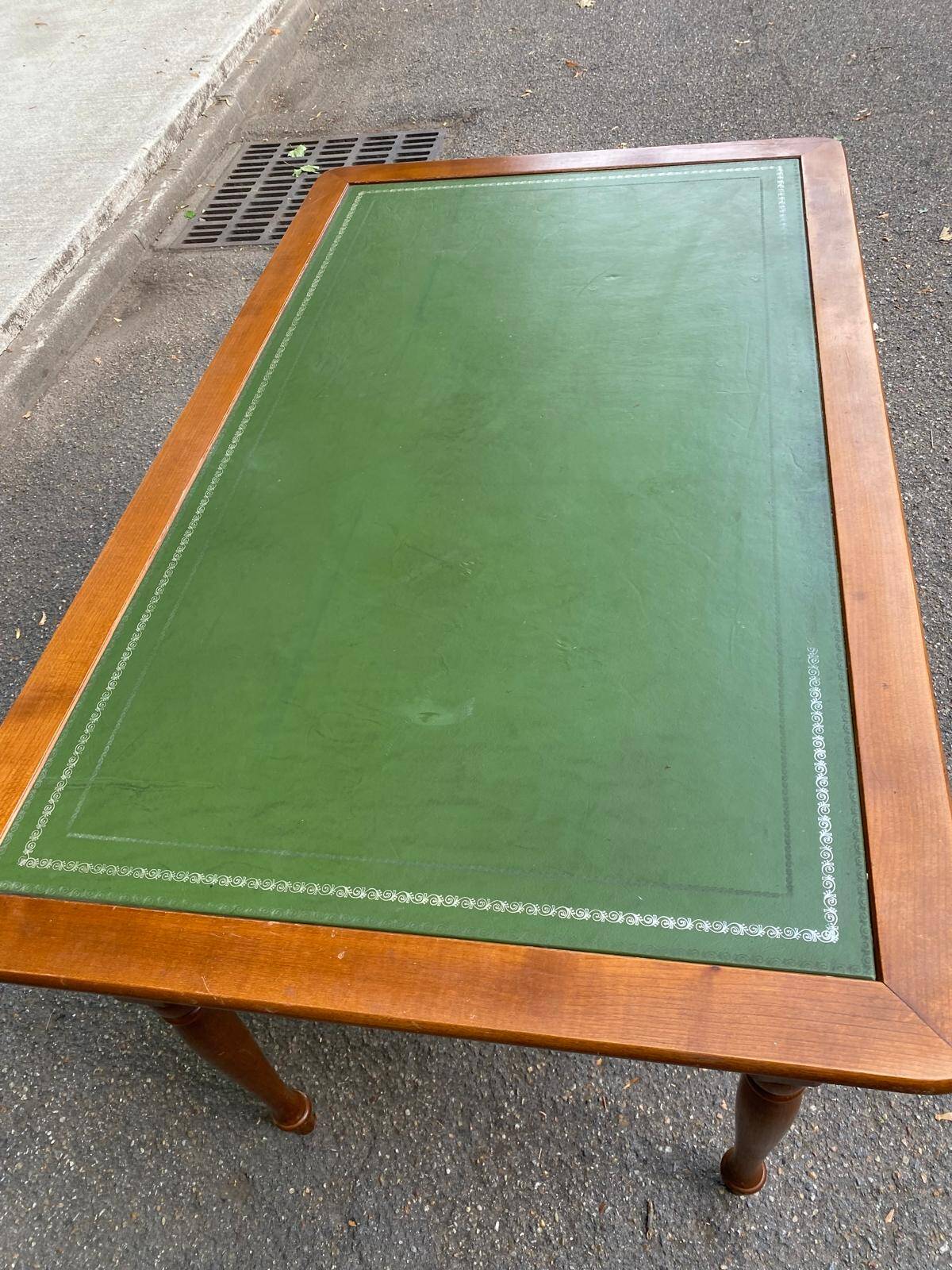Louis XVI style desk in solid wood and green leather, 1970.