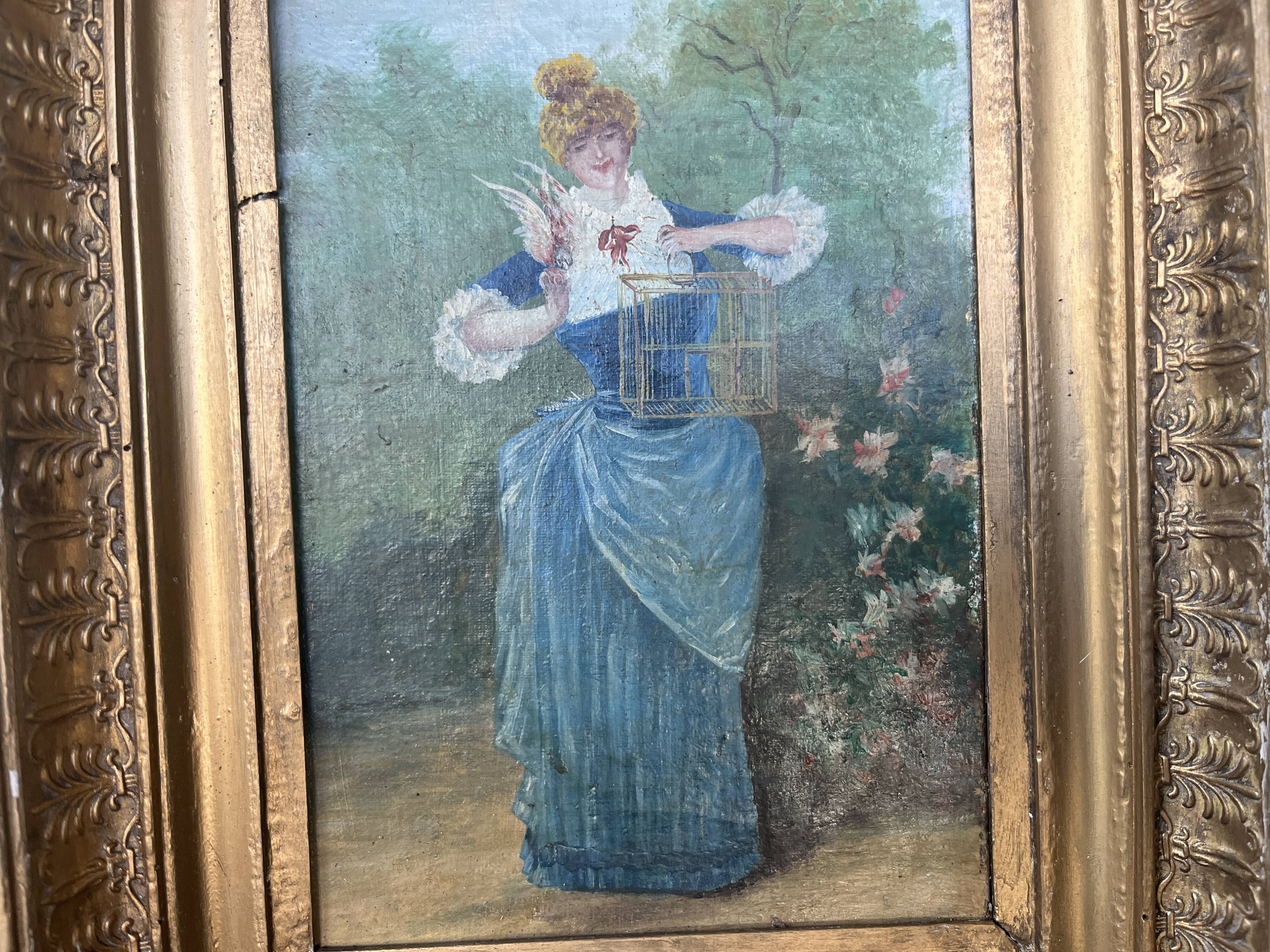 Antique tableau from the 19th century – Genre scene with the lady and the bird.