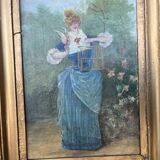 Antique tableau from the 19th century – Genre scene with the lady and the bird.