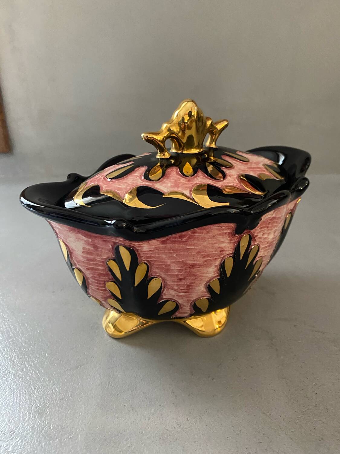 Signed pink gold ceramic candy dish