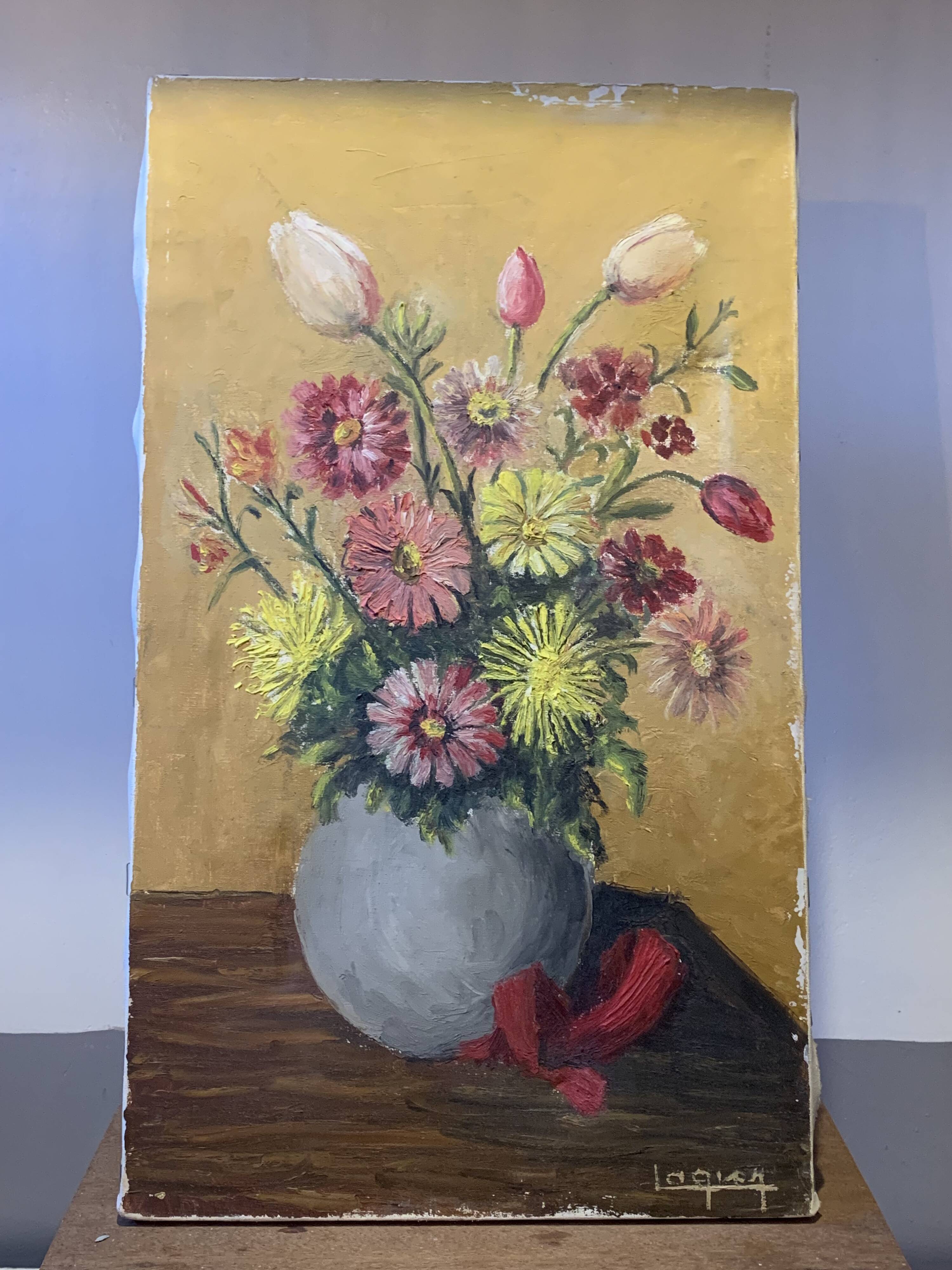 Painting the bouquet of flowers signed Lagier, canvas stretched on vintage frame