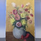 Painting the bouquet of flowers signed Lagier, canvas stretched on vintage frame