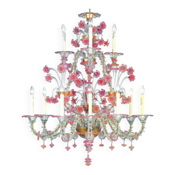 “Ca’ Rezzonico” Venetian Chandelier in Transparent and Pink Floral Murano G