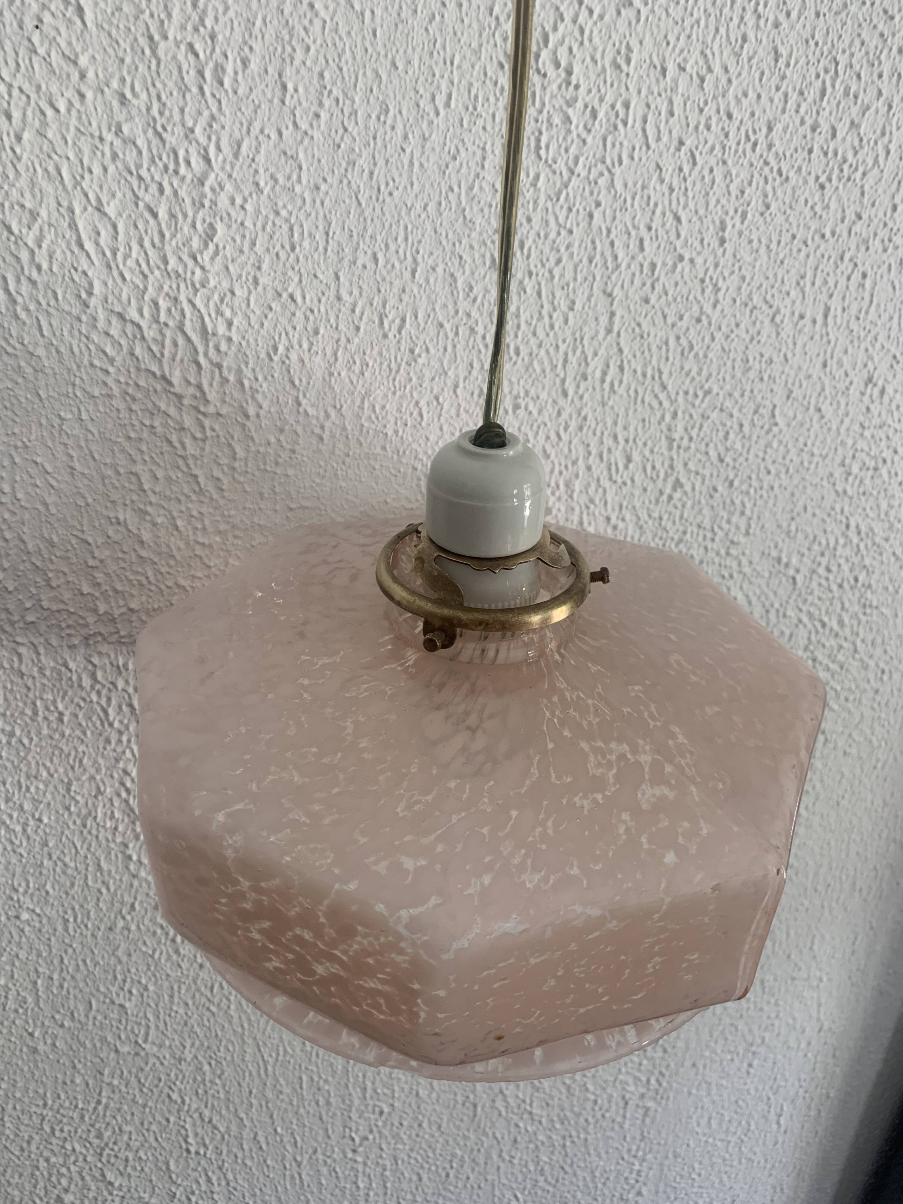 Vintage 1930s suspension pink clouded glass chandelier - 60 cm