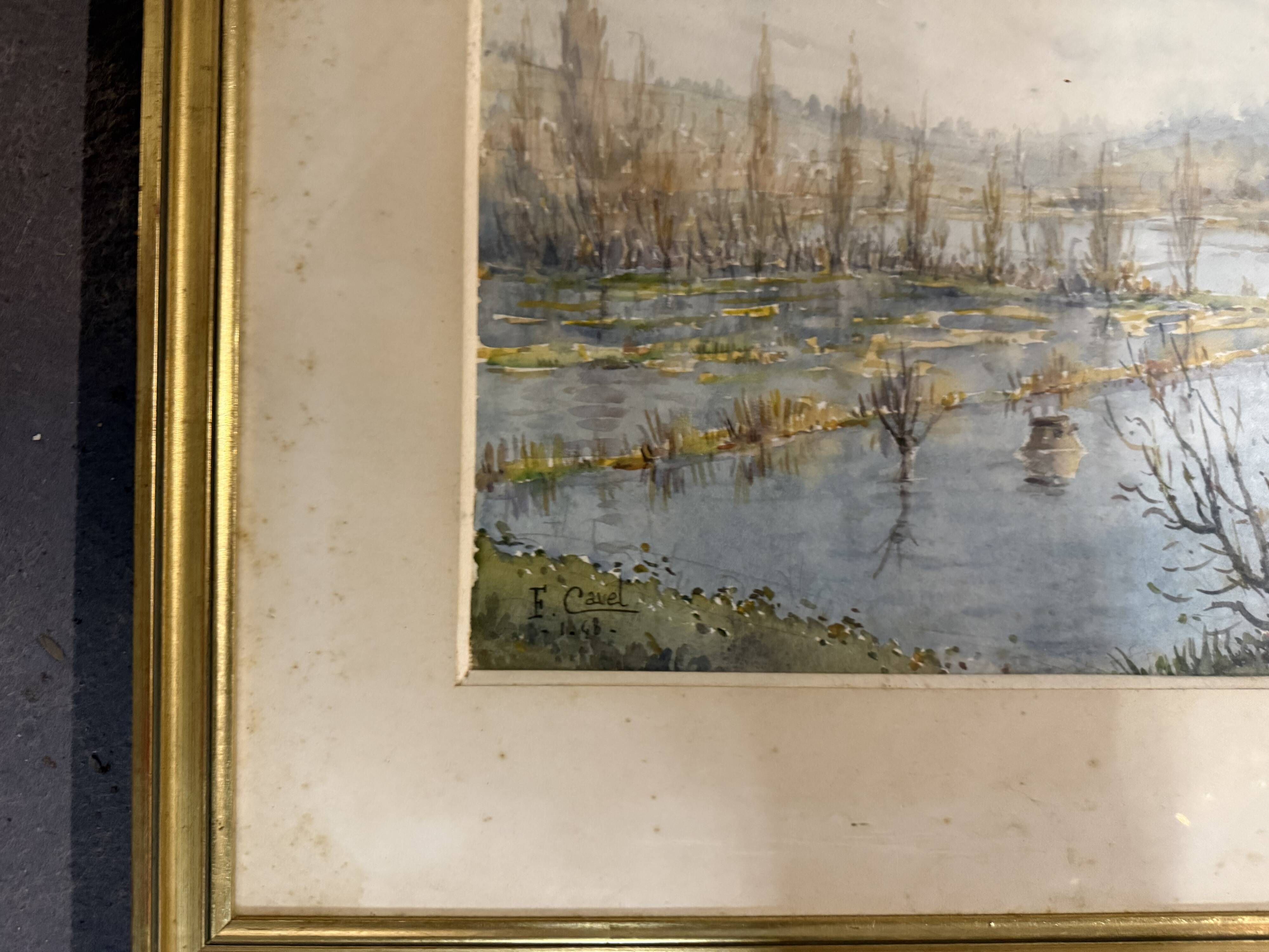Lithograph Marsh Landscape Signed F Cavel