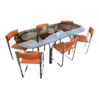 Glass table chrome + 6 chairs