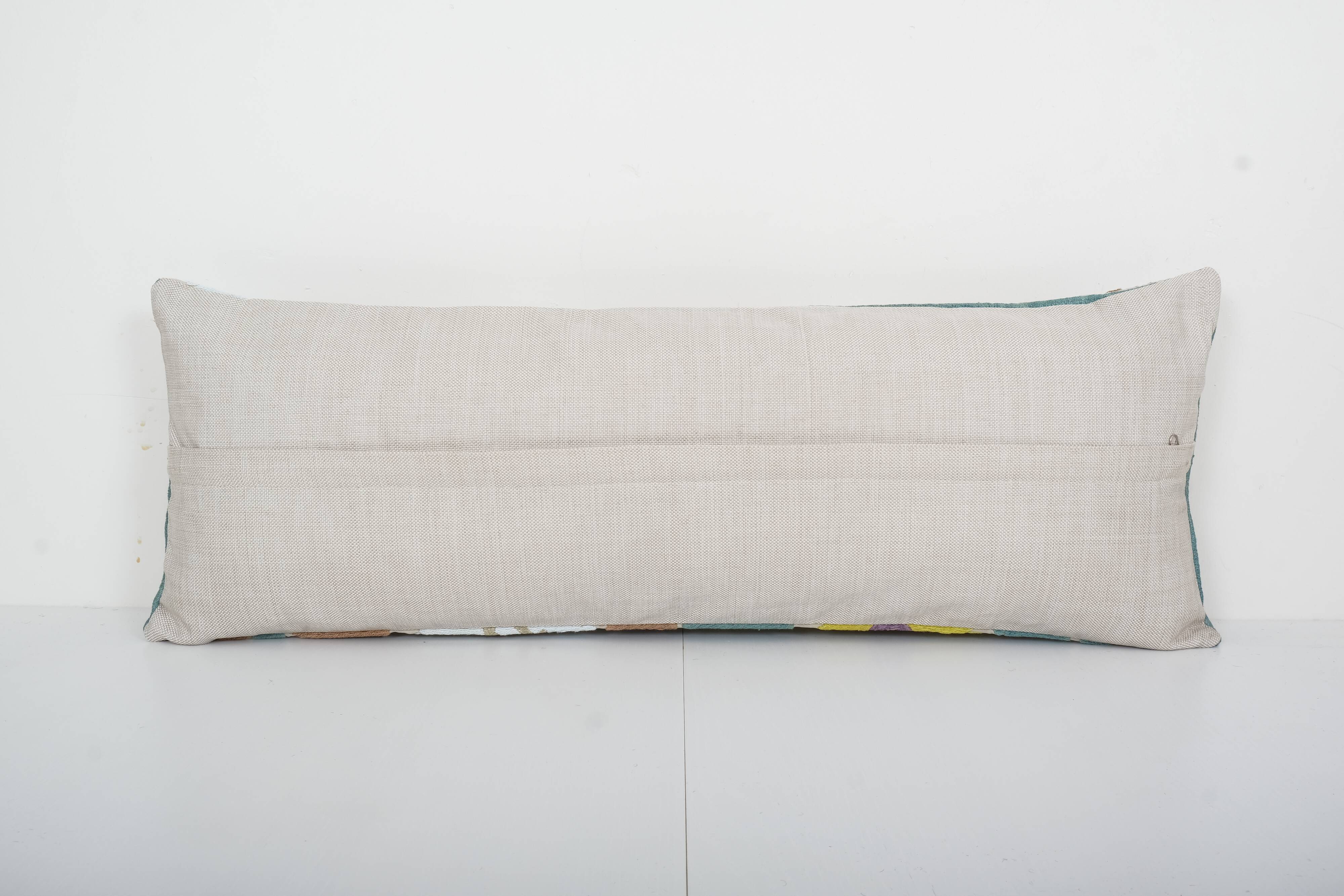 10" x 30" Lumbar King Bed Vintage Cotton Suzani Pillow Cover, Exquisite White Washed Colorful