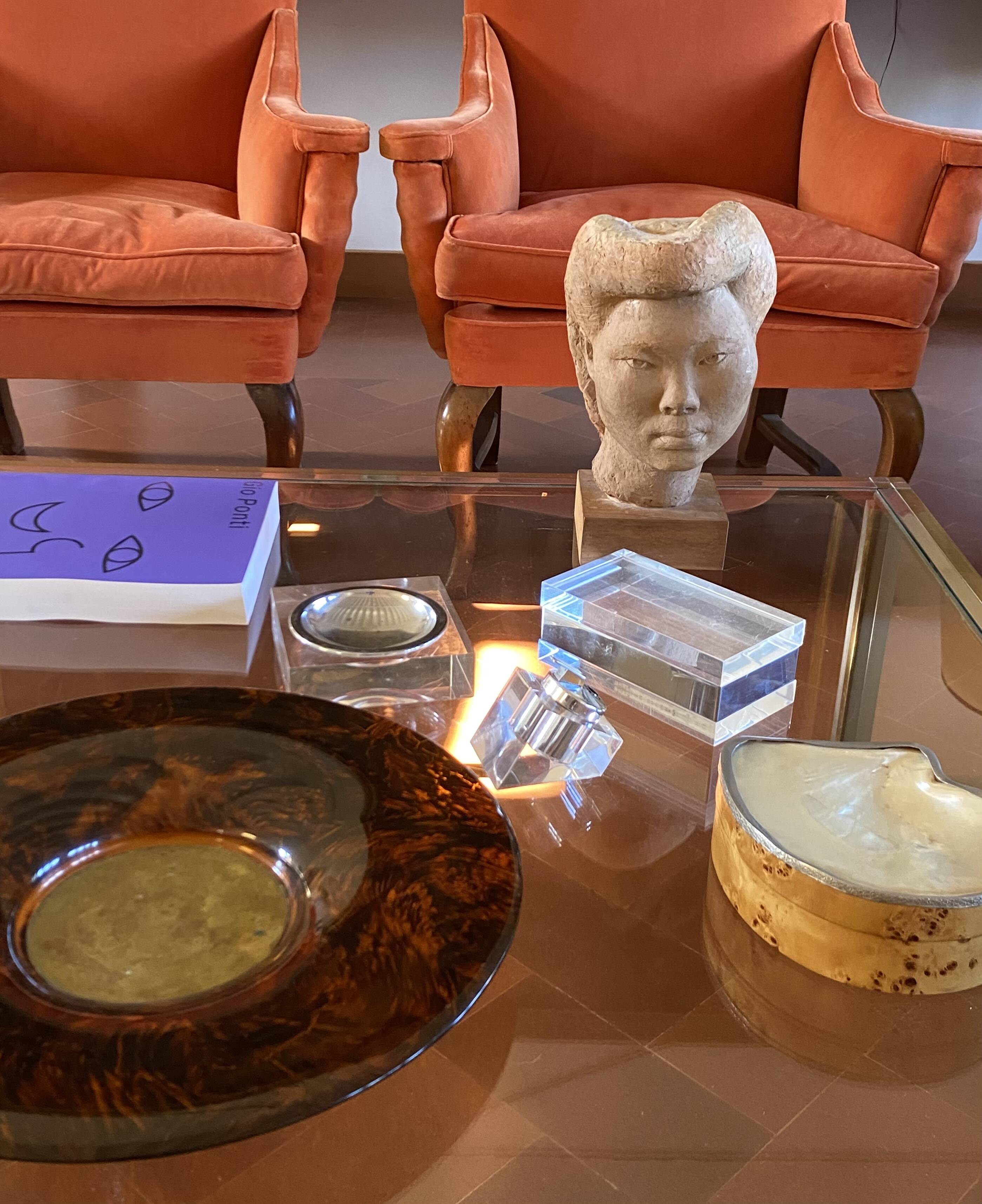 Hollywood regency brass and tortoiseshell lucite tray, Guzzini Italy 1970s