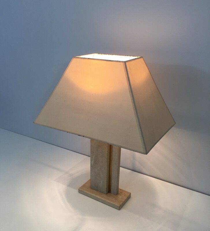 Travertine and brass lamp with original lampshades