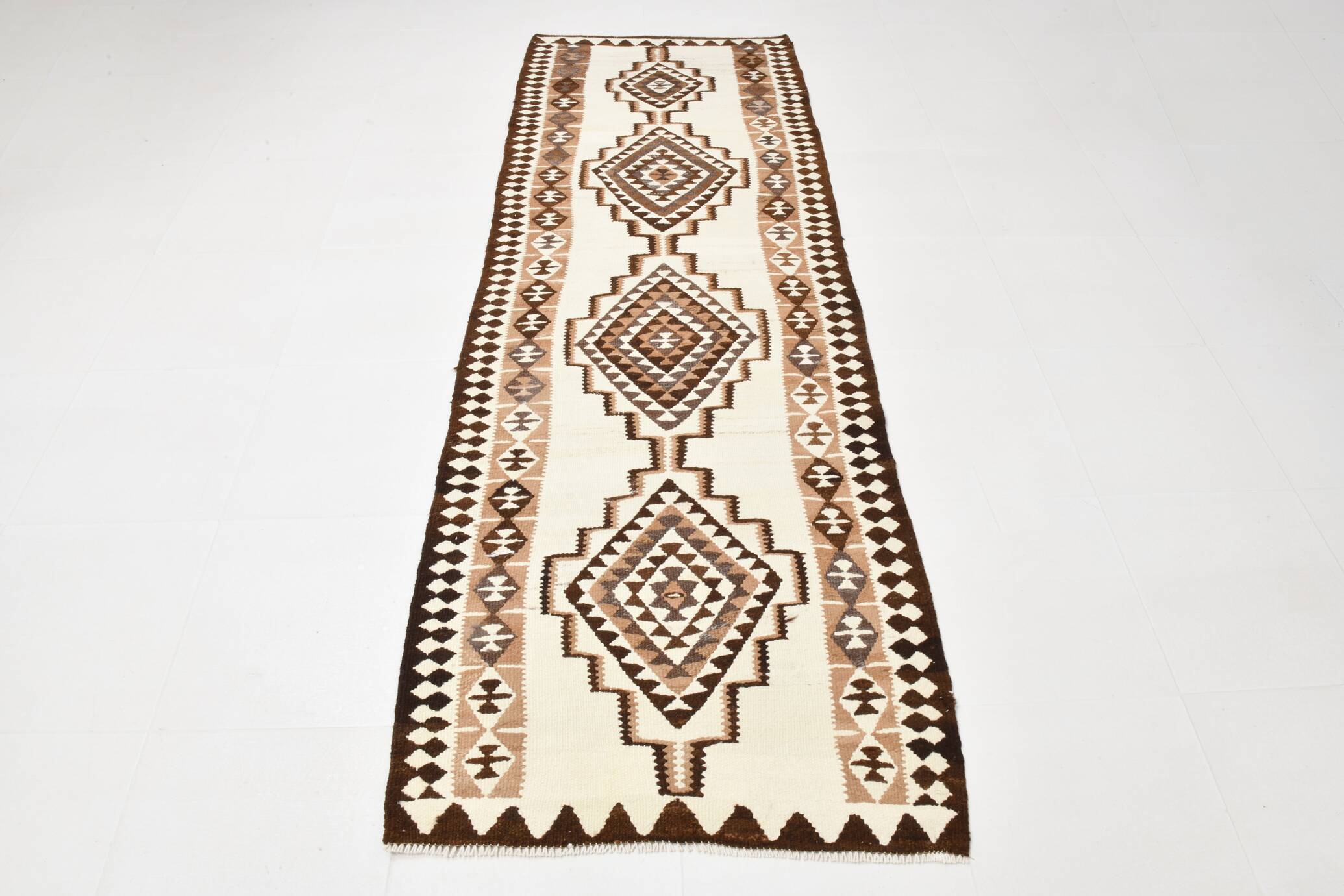 Tapis Kilim marron et crème 3x8, 86x252 cm