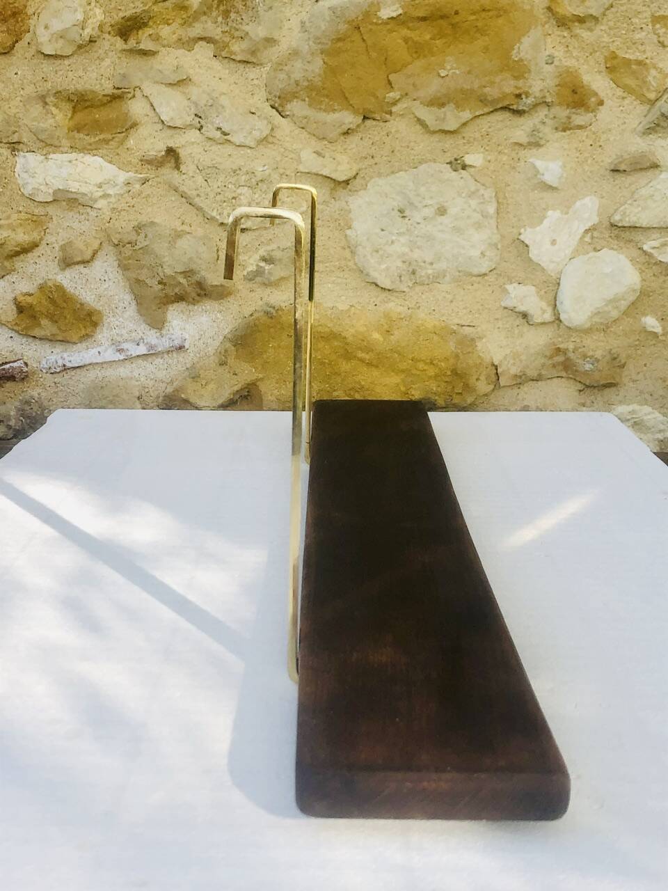Vintage brass and wood hanging wall shelf