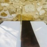 Vintage brass and wood hanging wall shelf