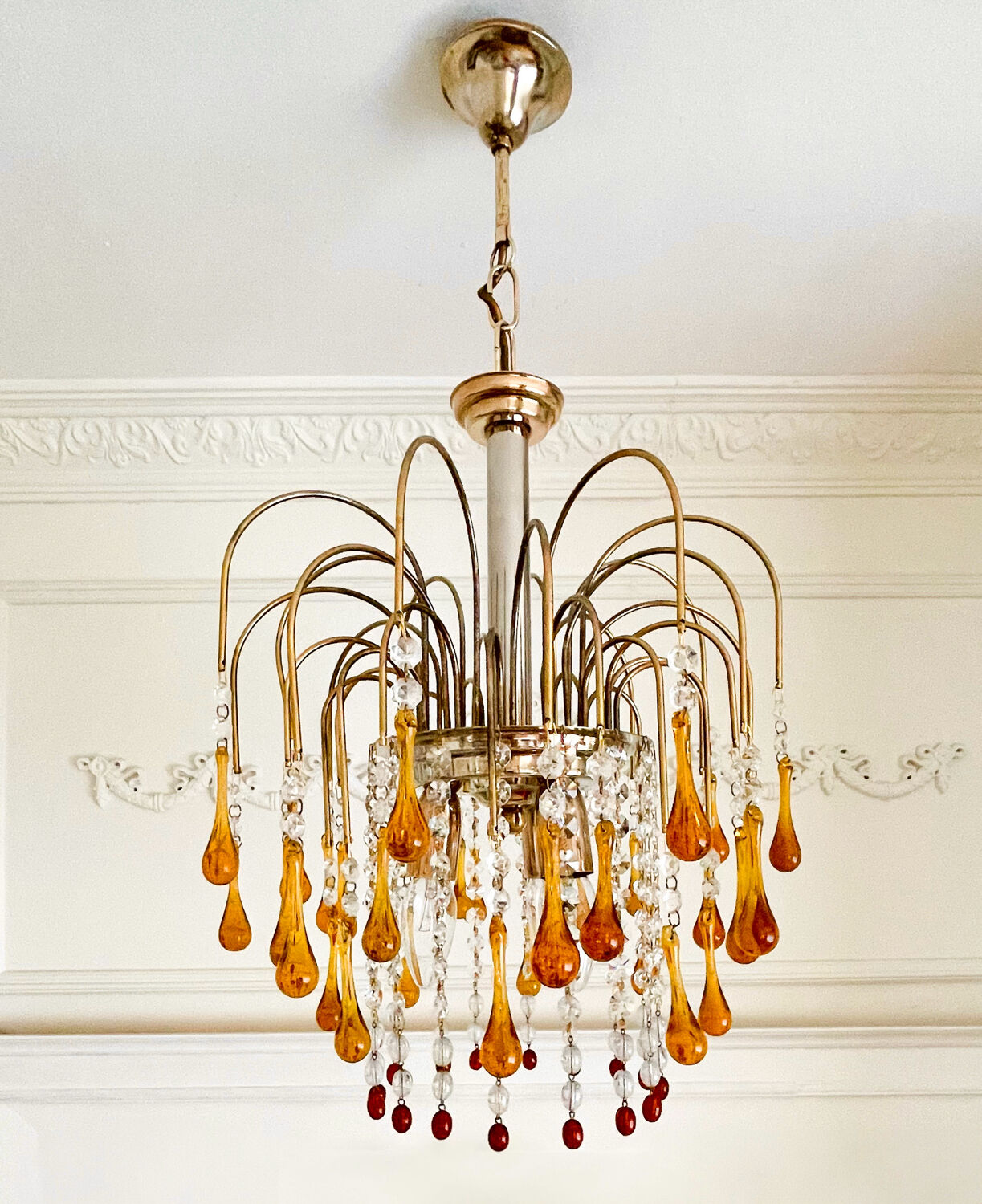 Lustre cascade Murano vintage en verre ambré et cristal, chandelier it