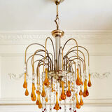 Lustre cascade Murano vintage en verre ambré et cristal, chandelier it