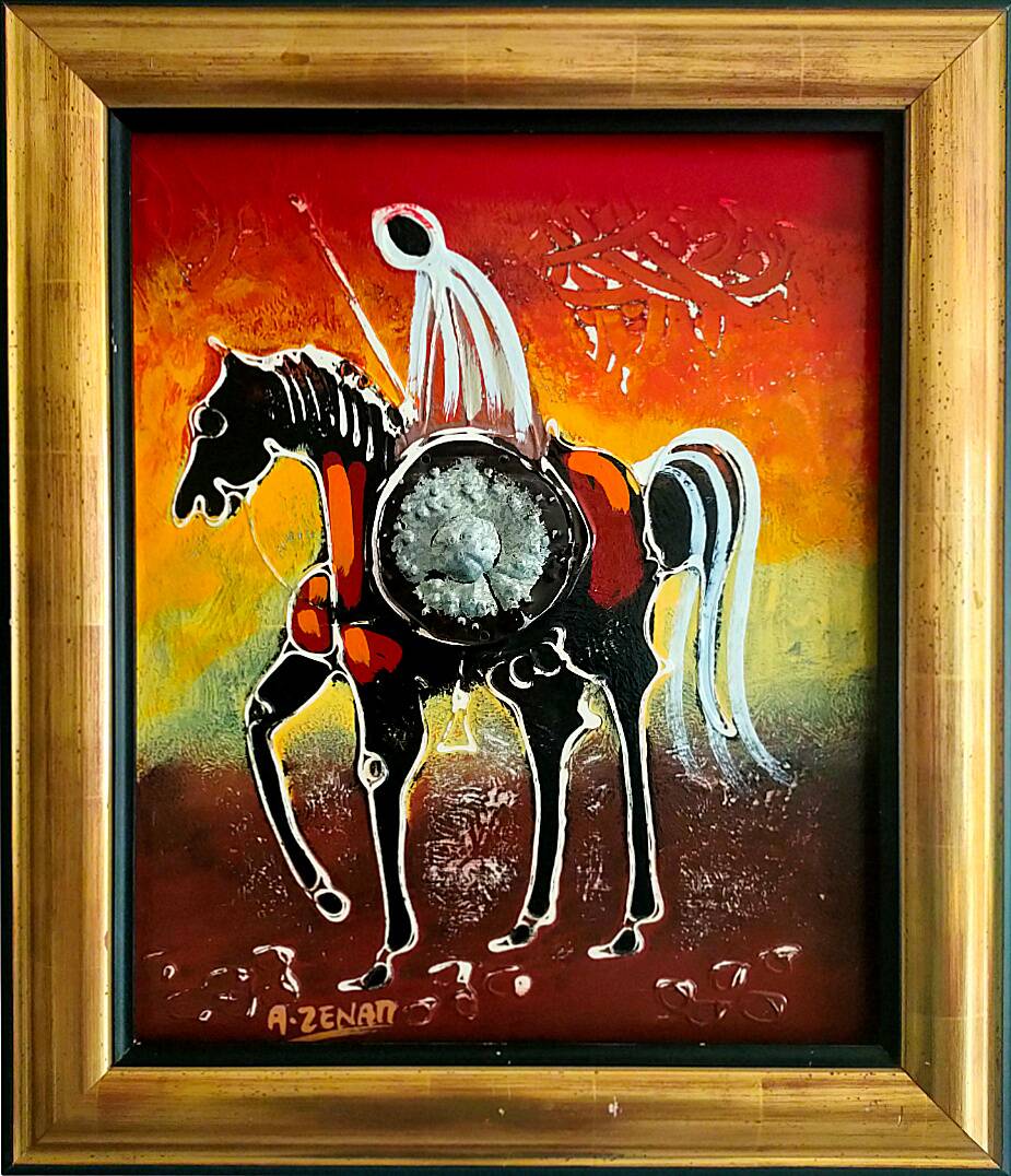 Painting signed A. ZENATI (Abderrahmane, 1943) – Oil on wood panel – Cavalier Fantasia