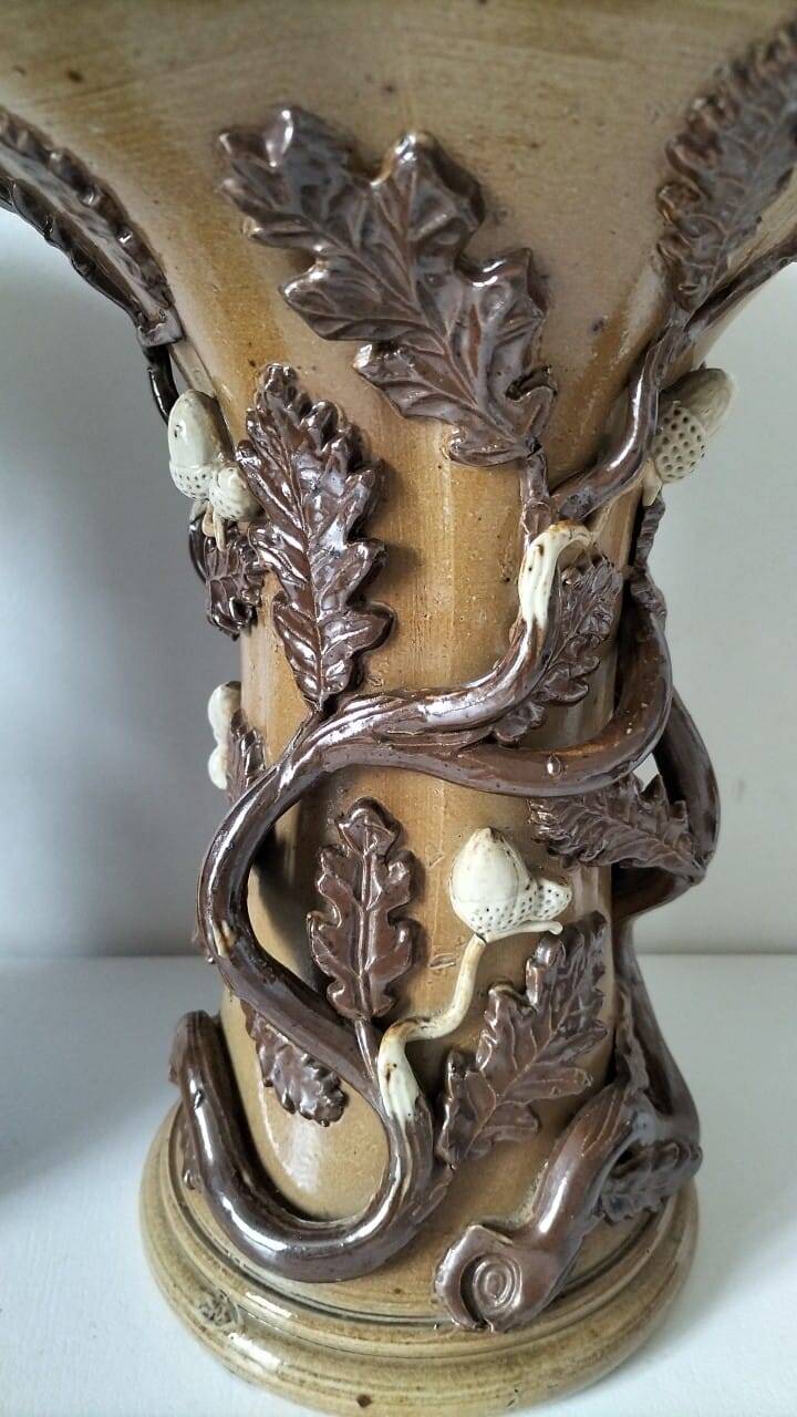 Duo of naturalistic stoneware vases – oak branches & acorns in relief