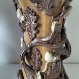 Duo of naturalistic stoneware vases – oak branches & acorns in relief
