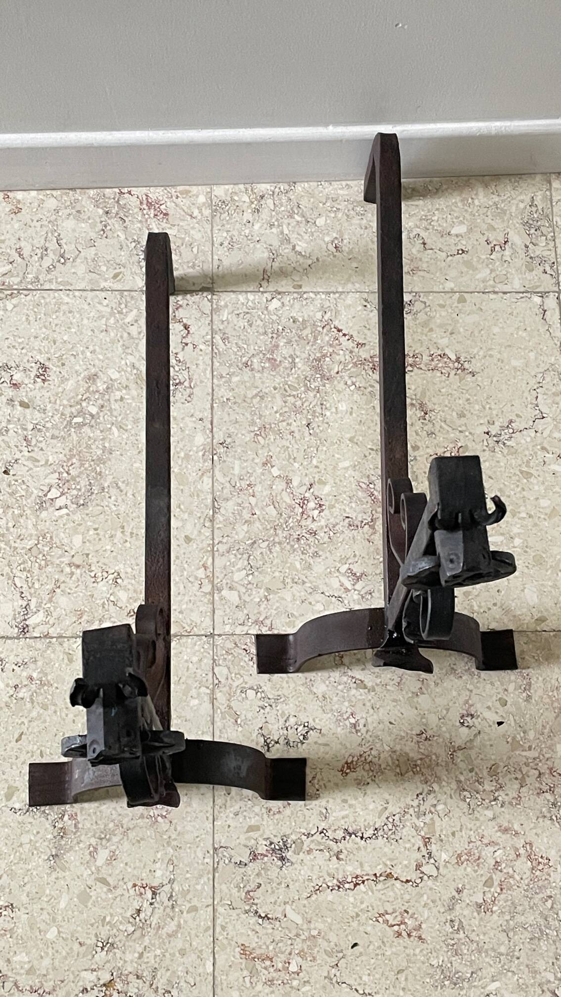Pair of vintage steel brutalist andirons