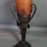 Daum, lampe de table art-déco fer forgé tulipe verre signée sb