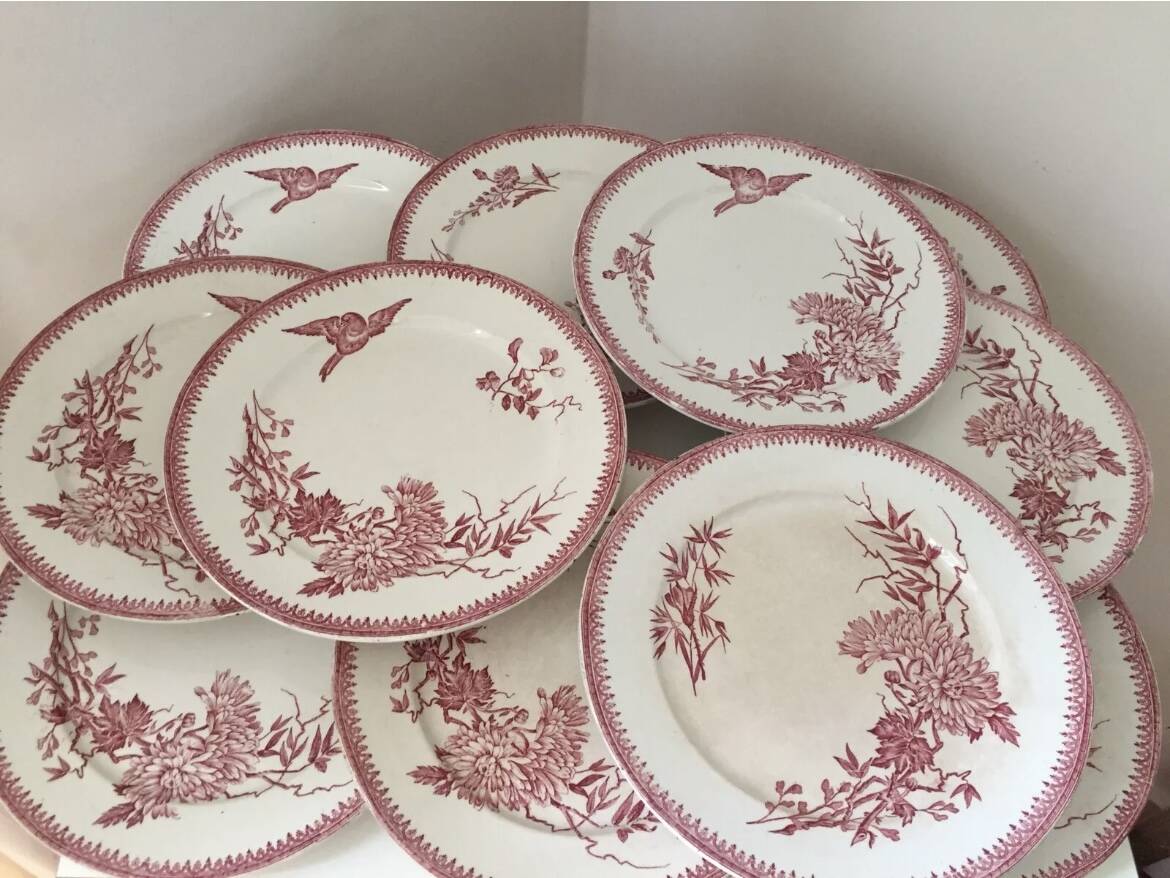 Assiette FF Pexonne Terre de Fer décor rose oiseaux XIX