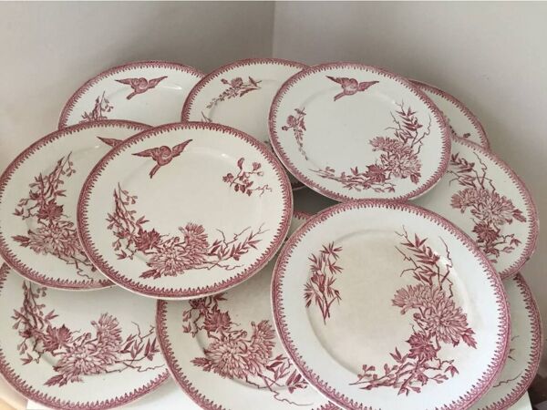 Assiette FF Pexonne Terre de Fer décor rose oiseaux XIX