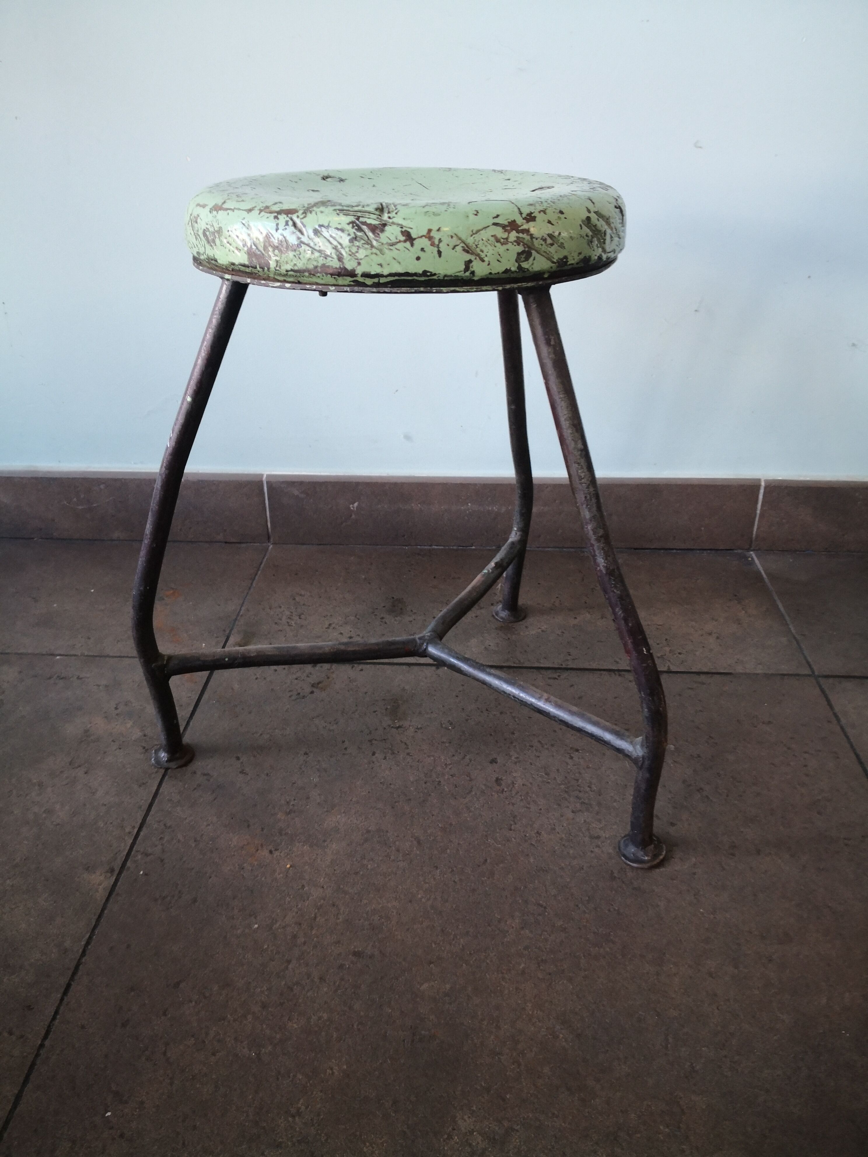 Vintage tripod stool, industrial style wood and metal