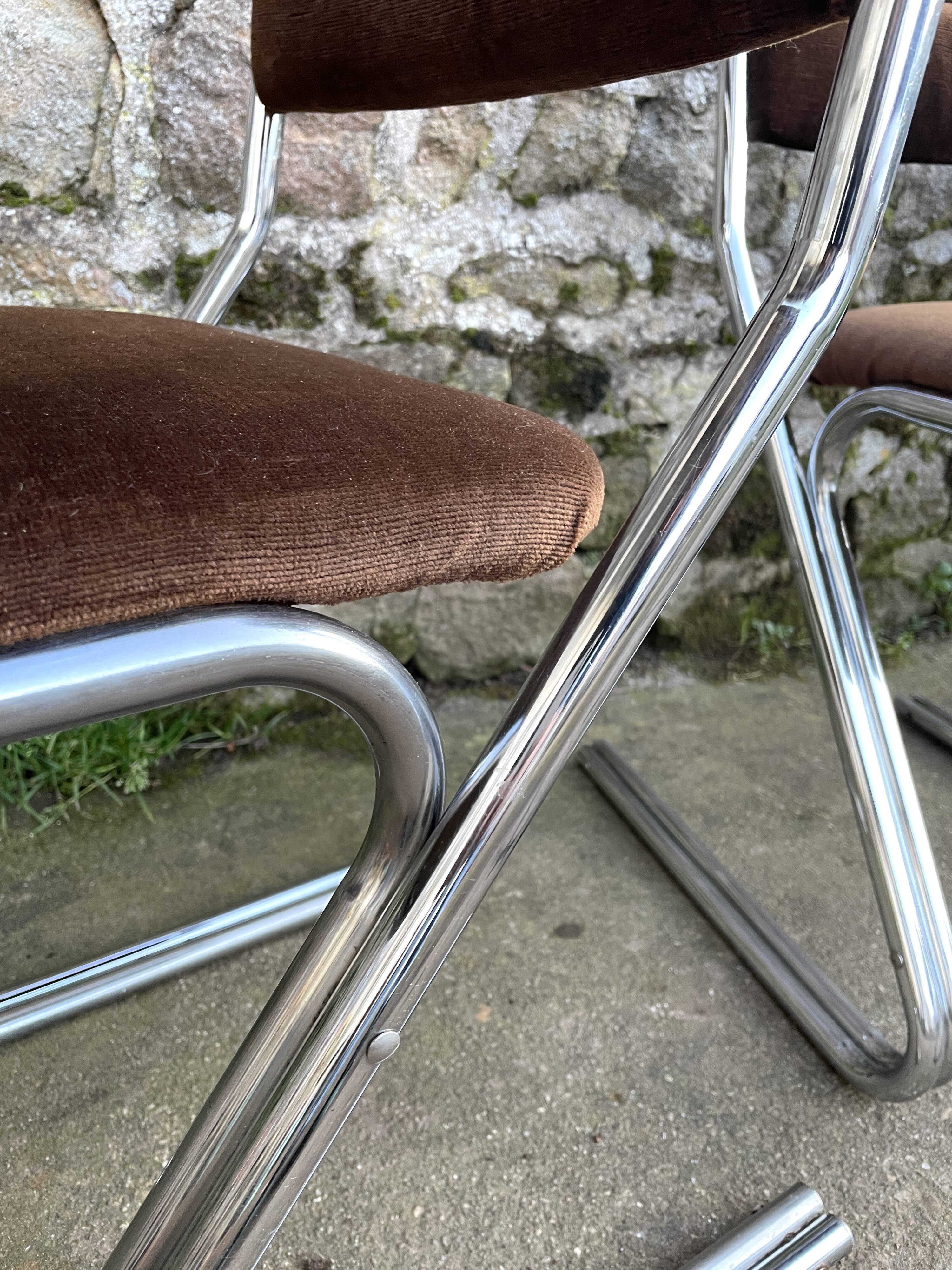 Set of 4 brown velvet zigzag chairs 1970