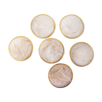 Set of 6 glass undersides in mother-of-pearl, brass and cork, vintage