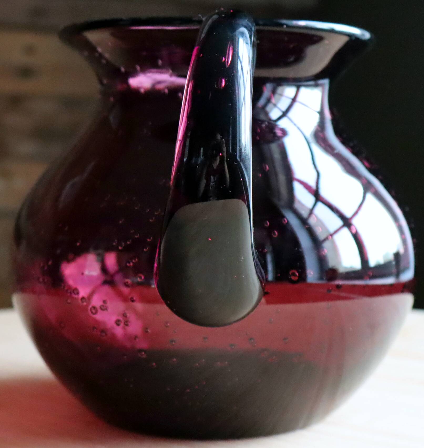 Large blown glass pitcher with bubbles in amethyst / violet.