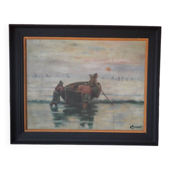 Old oil painting representing fishermen