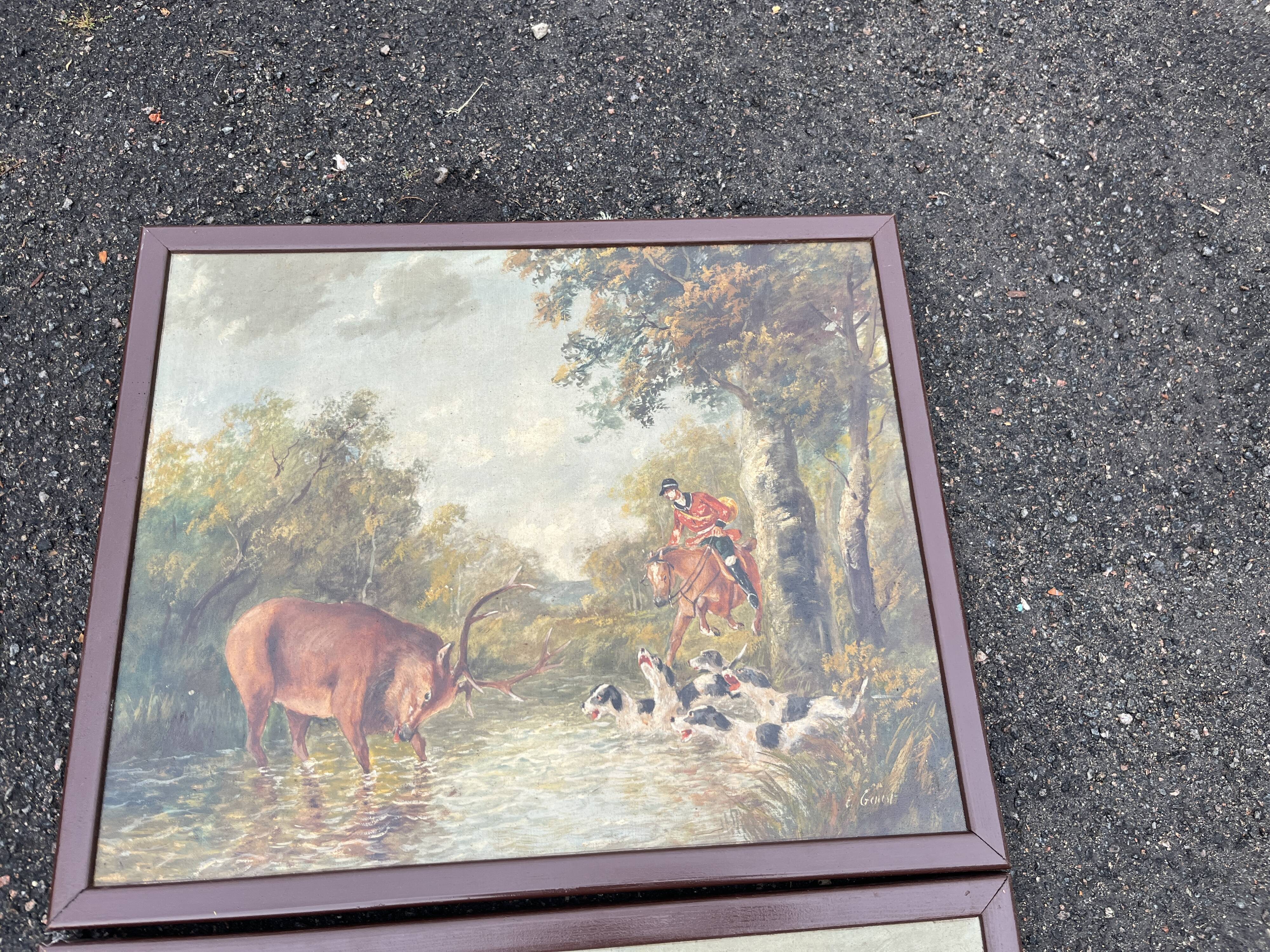 Pair of oil on canvas paintings depicting hunting scenes with deer and wild boar.