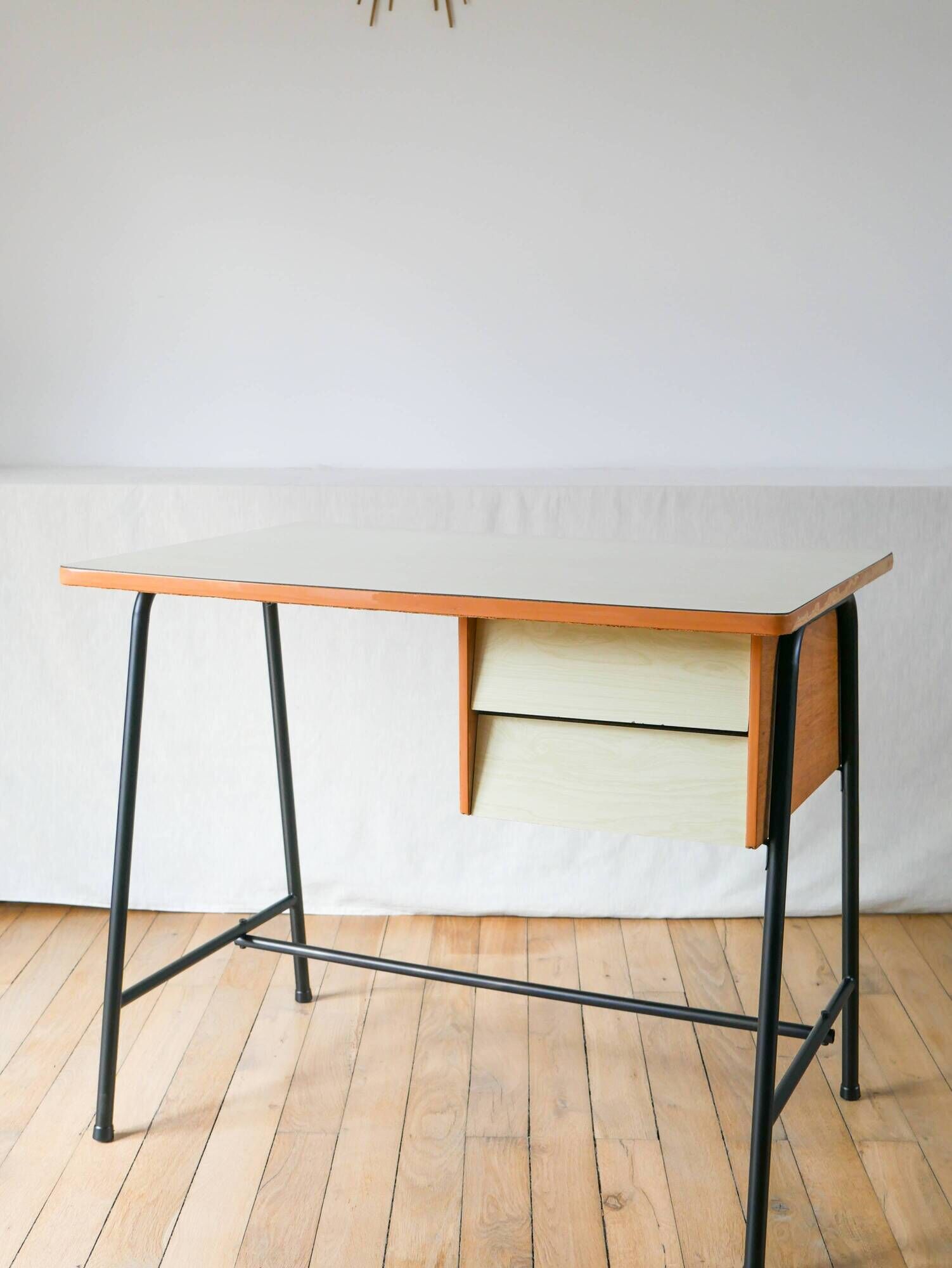 Formica, beech and black metal desk, Modernist Design, 1960