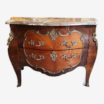 Commode Louis XV galbée marbre brun et bronze 1900