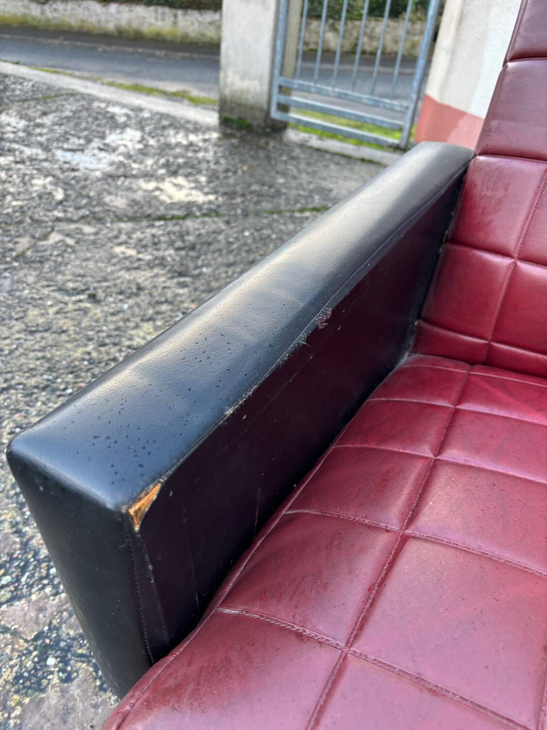 Vintage 70s red and black embossed sofa armchair set