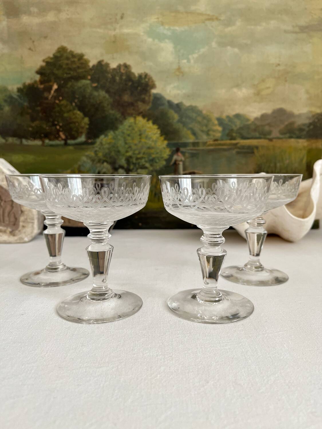 4 antique crystal champagne glasses with interlacing engraving