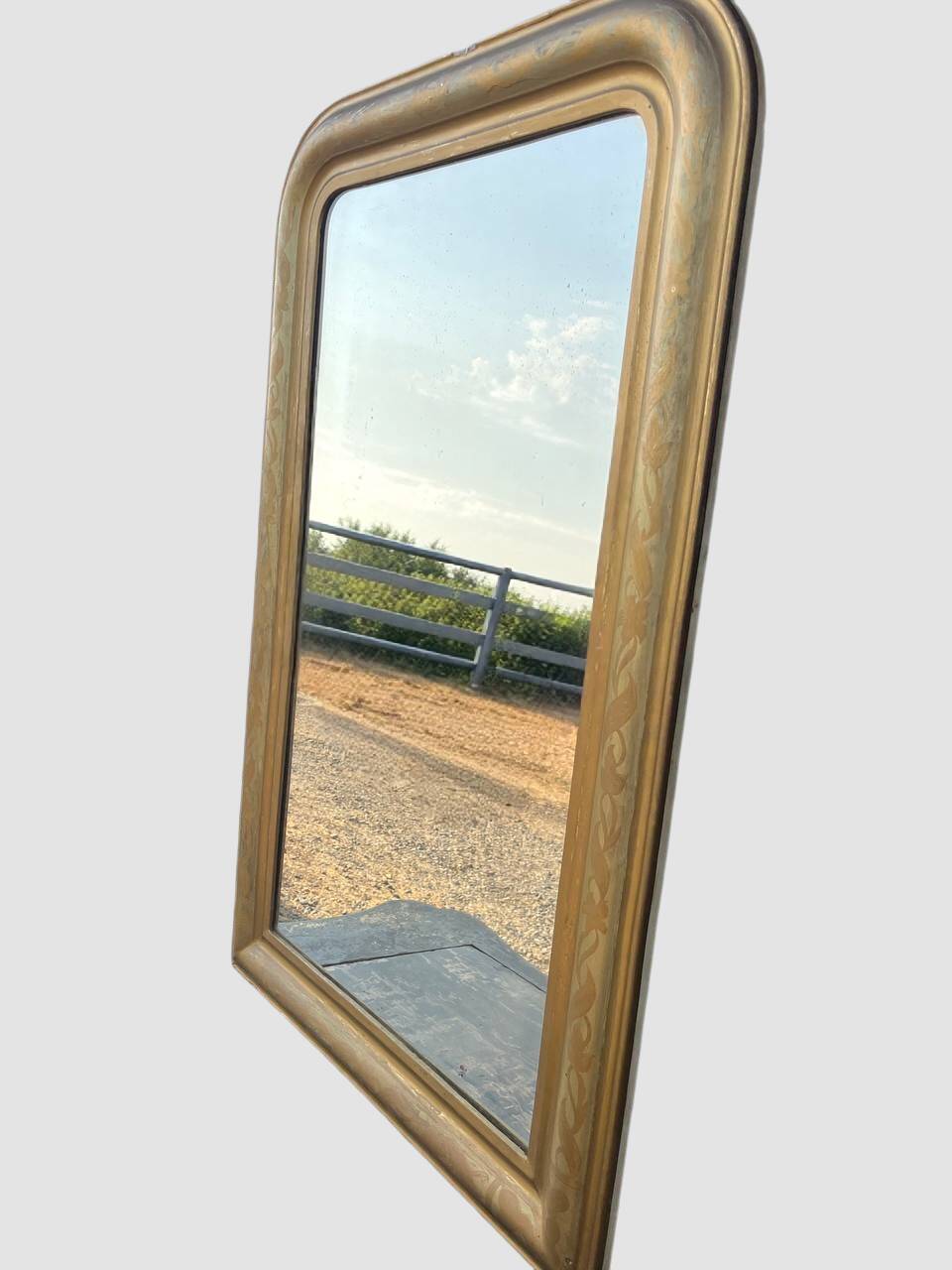 Grand miroir ancien français doré à décor floral peint